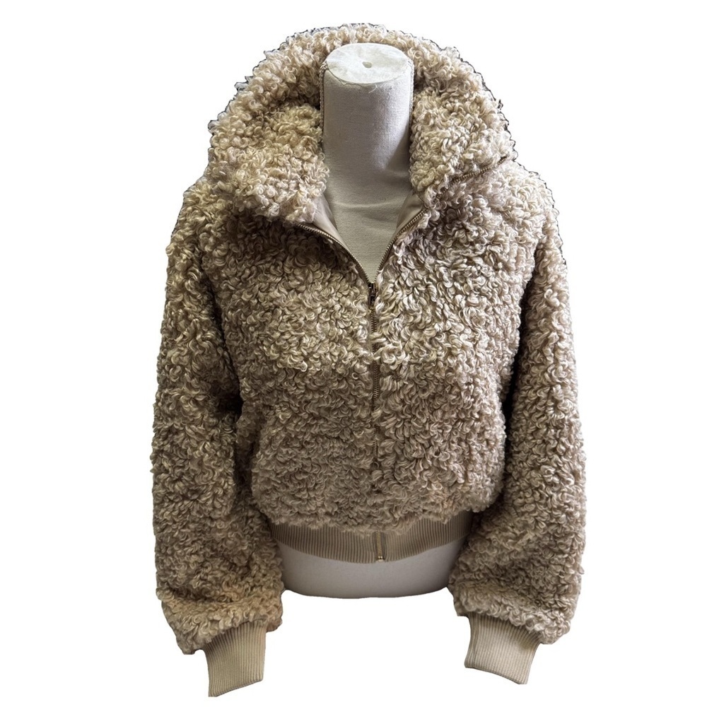 Fashion Nova Sherpa Teddy Jacket Coat Outerwear Size XS Beige Ribbed Cuffs Hem - Picture 11 of 16
